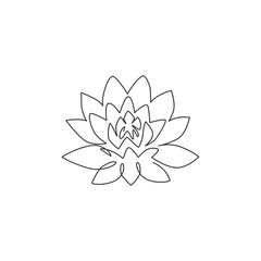 One single line drawing of beauty fresh lotus for spa business logo. Decorative water lily flower concept for home wall decor poster. Modern continuous line draw graphic design vector illustration