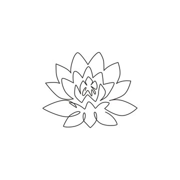 One single line drawing of beauty fresh lotus for spa business logo. Decorative water lily flower concept for home wall decor poster. Modern continuous line draw graphic design vector illustration