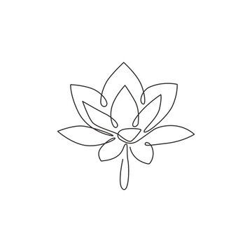 One continuous line drawing of beauty fresh lotus for spa business logo. Printable decorative water lily flower concept for home wall decor poster. Single line graphic draw design vector illustration