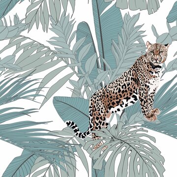 Tropical leopard animal, palm leaves, white background. Seamless pattern. Graphic illustration. Exotic jungle plants. Summer beach vintage  floral design. 