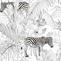 Tropical zebra animal, palm leaves, white background. Seamless pattern. Graphic illustration. Exotic jungle plants. Summer beach line black white floral design.  © Iuliia