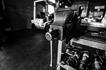 Old rusty steel clamp vise iron metal tool.