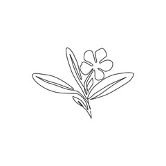 Single continuous line drawing of beauty fresh periwinkle for garden logo. Printable decorative vinca flower concept for home wall decor poster art. Modern one line draw design vector illustration