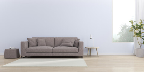 3d render of modern living room with sofa on wooden floor, Empty wall with large window on nature background.
