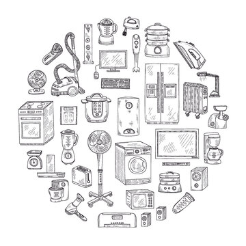 Round composition with cute hand drawn house appliances. Vector appliances collection