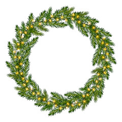 Fototapeta na wymiar Wreath of fir tree branches with luminous garland. Christmas frame with glowing lights for greeting New Year and Christmas cards, banners, invitations