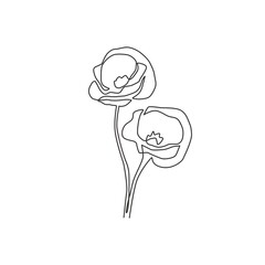 Single one line drawing beauty fresh flowering plant for home wall decor poster art. Printable decorative poppy flower for symbol of remembrance. Modern continuous line draw design vector illustration