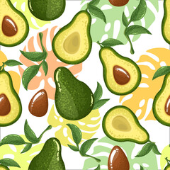 Seamless avocado pattern, avocado slices, leaves on white background. Print, texture, healthy eating