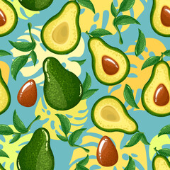 Seamless avocado pattern, avocado slices, exotic monster leaves on a blue background. Print, texture, healthy eating