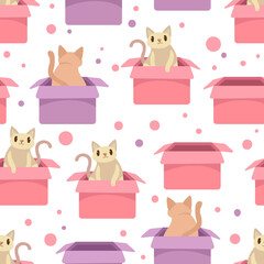 Seamless pattern of cute cats in boxes. Illustration