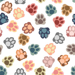 Cute seamless pattern. Cat's paws, color print on a white background