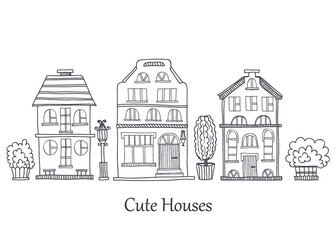Card template with cute hand drawn houses. Vector city street collection