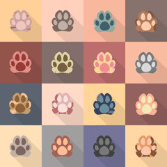 Collection of icons of cat's paws, flat style, cartoon style, colorful print