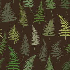 Fototapeta na wymiar Seamless pattern, hand drawing, vintage style. Green ferns, forest plants on a dark background