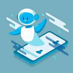 Smiling chat bot character robot helping solve a problems. For website or mobile application. Flat cartoon illustration isolated on blue background.