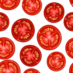 Seamless pattern of red tomatoes, tomato slices on a white background