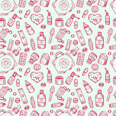 Seamless pattern with cute hand drawn medical icons. Vector medical collection