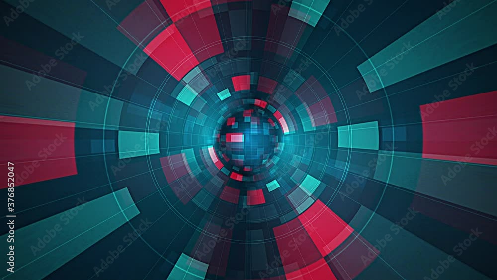 Poster digital animation of circle glowing red green blue neon color grid tile hud visualization. 4k 3d ren