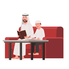 Arabian Father Teach His Son Study in Home Flat Cartoon