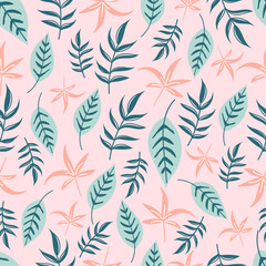 Fototapeta na wymiar Modern tropical seamless pattern with green and pink leaves.
