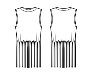 Fringed cotton-jersey top technical fashion illustration with scoop neck, sleeveless, above-the-knee length, oversized. Flat apparel template front, back, white color. Women, men unisex top CAD mockup