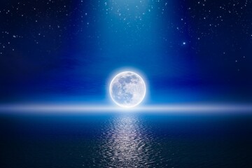 Starry night sky with full moon rising above serene sea. Serenity nature image with supermoon, outdoor at nighttime.