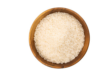 Fototapeta na wymiar Top view of Jasmine Rice in a wooden bowl on white background with clipping path.