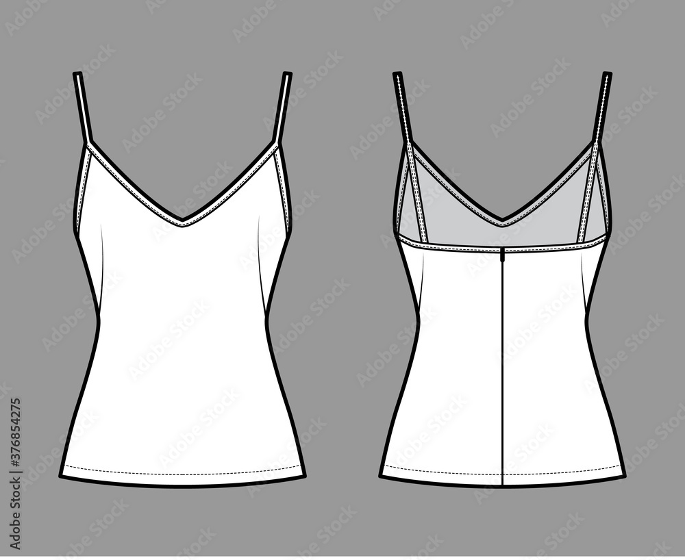 Poster Camisole slip top technical fashion illustration with sweetheart neck, thin straps, slim fit, back zip fastening. Flat outwear tank apparel template front back white color. Women men unisex CAD mockup