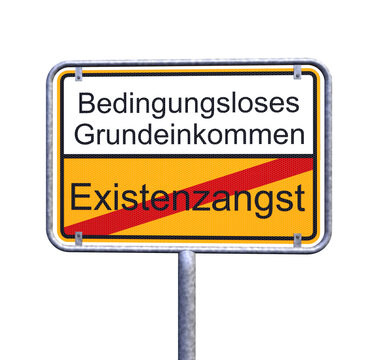 3d Illustation - Ortsschild - Ortstafel - Existenzangst - Bedingungsloses Grundeinkommen BGE - Freisteller
