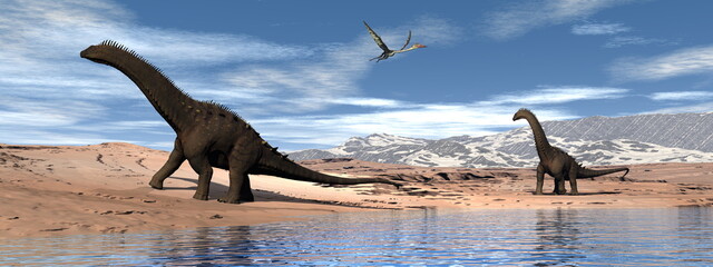 Alamosaurus dinosaurs walking peacefully next to a lake and under quetzalcoatlus flying - 3D render © Elenarts