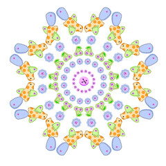 illustration of a circular pattern with birds, cherries, a button, a flower