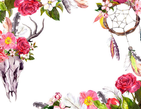 Deer skull with flowers, dream catcher. Frame, border, card for vintage boho design