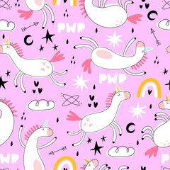 seamless pattern with cartoon unicorns, rainbows, clouds, decor elements on a neutral background. Magic. Colorful vector flat style for kids. Animals. hand drawing. baby design for fabric, print, wrap