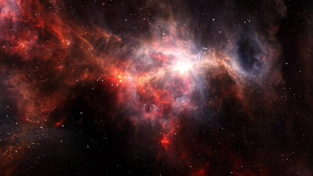 Space flight into The dusty side of the Sword of Orion. 4K 3D rendering. Flight Through Space With star field, Galaxy and Nebulae. Elements furnished by NASA image.