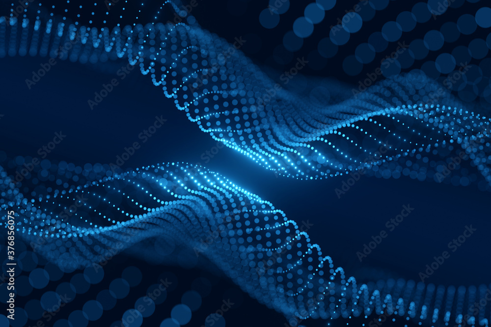 Poster moving neon blue dots pattern forming a digital network connection on dark background