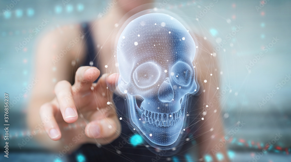 Poster Woman using digital x-ray skull holographic scan projection 3D rendering