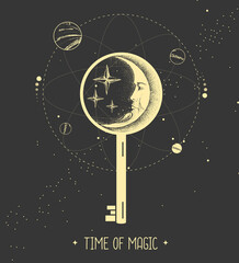 Modern magic witchcraft card with key sign on space background. Vector illustration