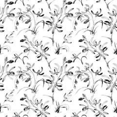 Ink illustration of blossom orchid and grass. Sumi-e, u-sin painting. Seamless pattern.
