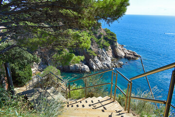 Cala es Codolar with turquoise waters, photographed from above during the summer.