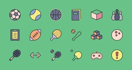 Set of Sports balls, hobbies, entertainment vector line icons. It contains symbols of football, basketball, bowling, tennis and much more. Editable Stroke. 32x32 pixels.