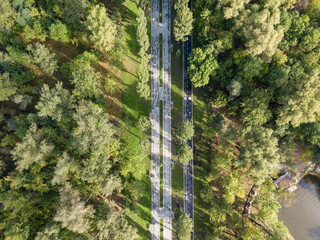 Aerial drone view. Cycle path in the park.