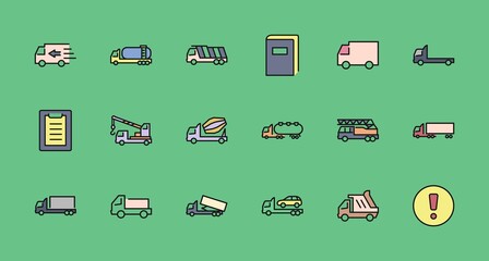 Truck Set of Transport Vector Line Icons. Contains such Icons as Truck, Transportation, Tow Truck, Cranes, Mixer, Garbage Truck, Manipulators, Delivery service and more. Editable Stroke. 32x32 Pixel
