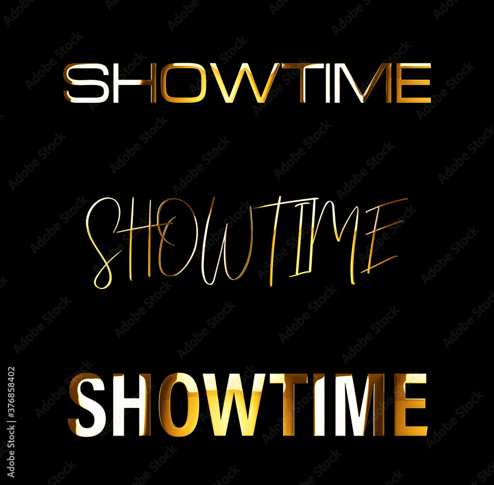 Poster set three of showtime golden text word with light reflection effect lettering isolated on black. 3d 