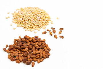 Two heaps of pine nuts on a white background. Pine nut shells.
