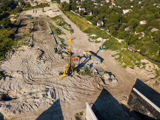 Aerial drone view. Bridge construction site in Kiev.
