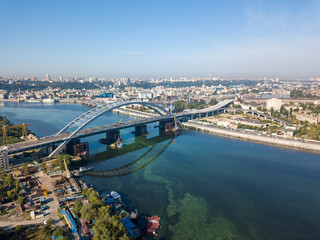 Aerial drone view. A cable-stayed bridge under construction across the Dnieper River in Kiev.