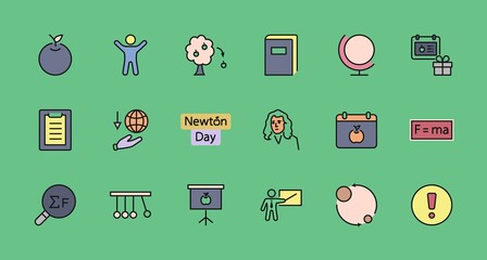 Newton's Day Set Line Vector Icon. Contains such Icons as Newton, Laws of physics and gravity, Flying Apple, Calendar, Teacher, blackboard and projector Editable Stroke. 32x32 Pixel Perfect