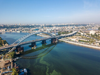 Aerial drone view. A cable-stayed bridge under construction across the Dnieper River in Kiev.