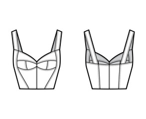 Bustier top technical fashion illustration with corset-style silhouette, molded cups, close fit, back zip fastening. Flat apparel template front, back, white color. Women men unisex shirt CAD mockup