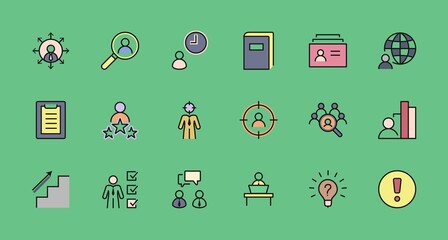 Set of Head Hunting Related Vector Line Icons. Contains such Icons as Career growth, Bulb, Candidate, Search, CV, Card Index, Outsource and more. Editable Stroke. 32x32 Pixel Perfect